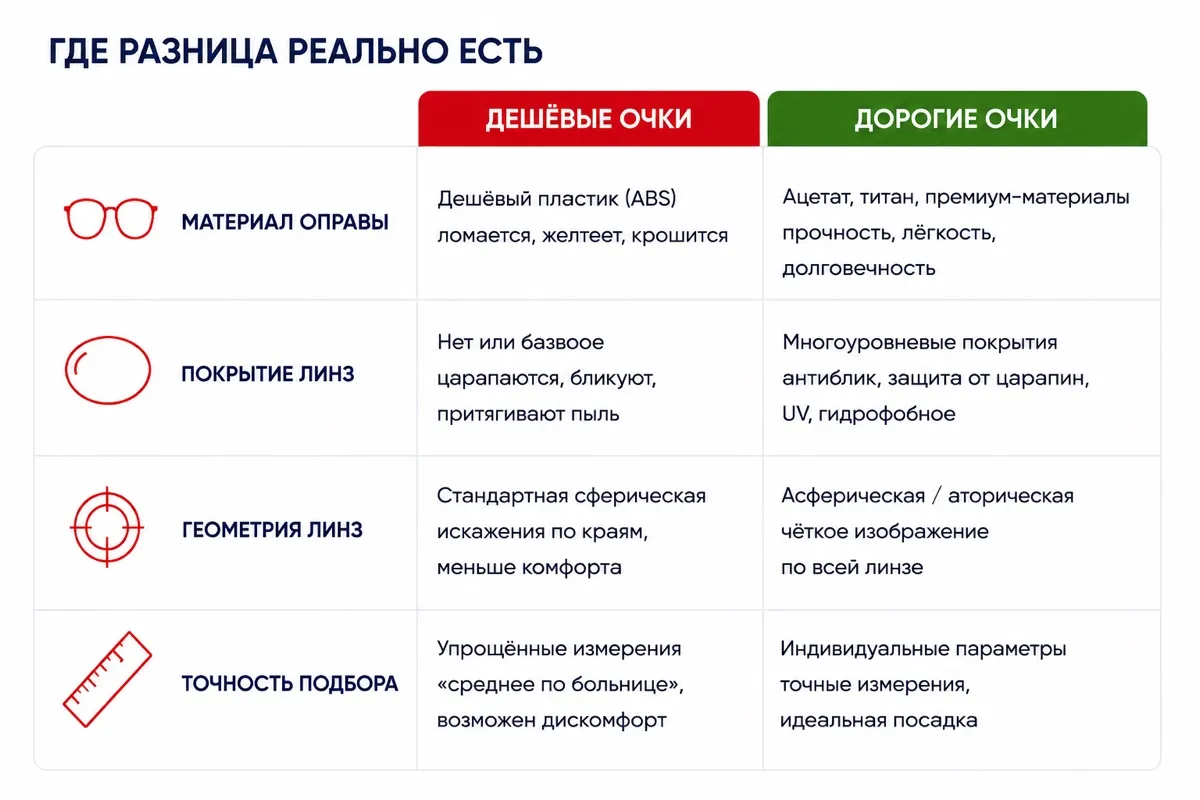 Дорогие очки и дешёвые — отличия