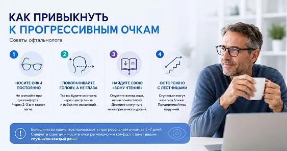 Как привыкнуть к прогрессивным очкам: советы офтальмолога Арники